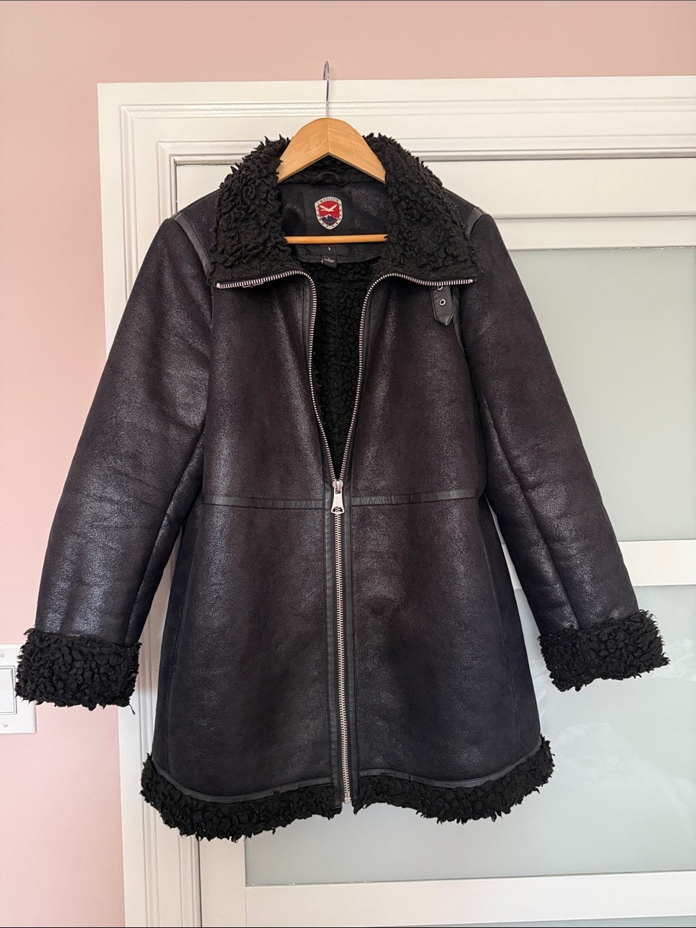 Women's Black Faux Shearling Zip-Front Leather Jacket